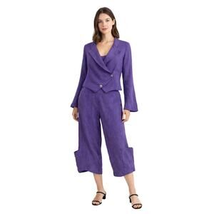 Bryn Walker Purple 100% Linen Blazer Wide Leg Pants Set Buttons Med Coastal Art